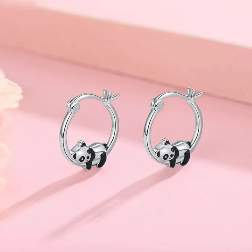New’ Cute Panda Hoop Silver Earrings Animal print earrings